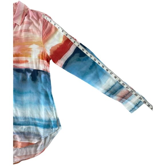 Bella Dahl Satin Side Slit Button Down Shirt Horizon Sunset Print Size XS $150 - Picture 10 of 14